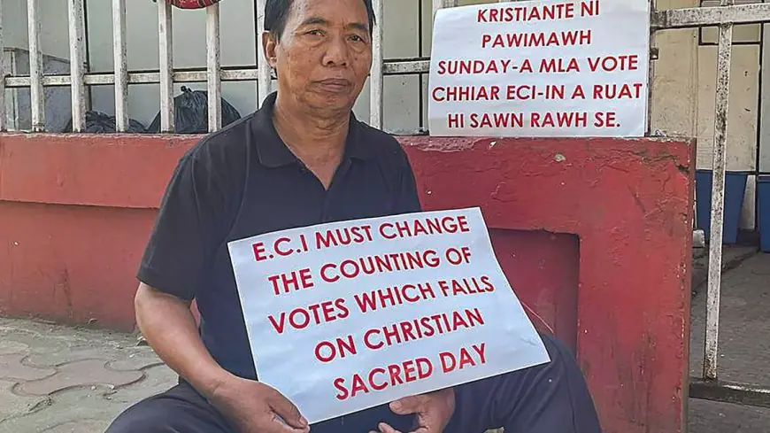 Lalbiakthanga, a social activist known as 'walkathon man', sits on a hunger strike demanding to reschedule the day of the counting of votes on the day of voting for Mizoram Assembly elections, in Aizawl. Credit: PTI Photo